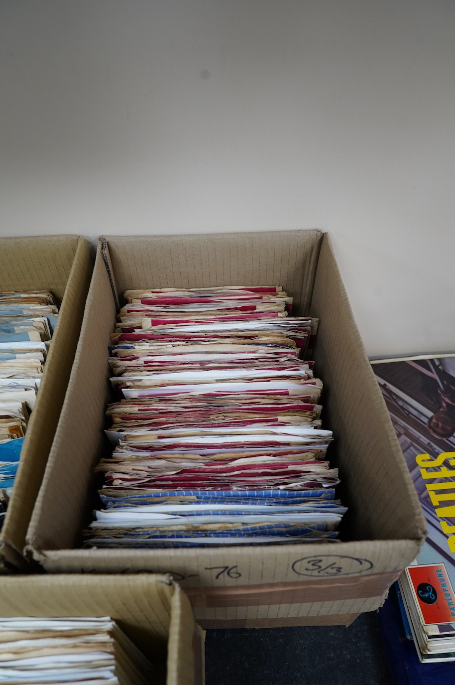 Three boxes of 7” singles on London, RCA, United Artists, Warner Brothers, Regal, Reprise, etc. labels, artists including; Jack Scott, Elvis Presley, Neil Sedaka, The Everly Brothers, Joe Cocker, Rolling Stones, etc. Con